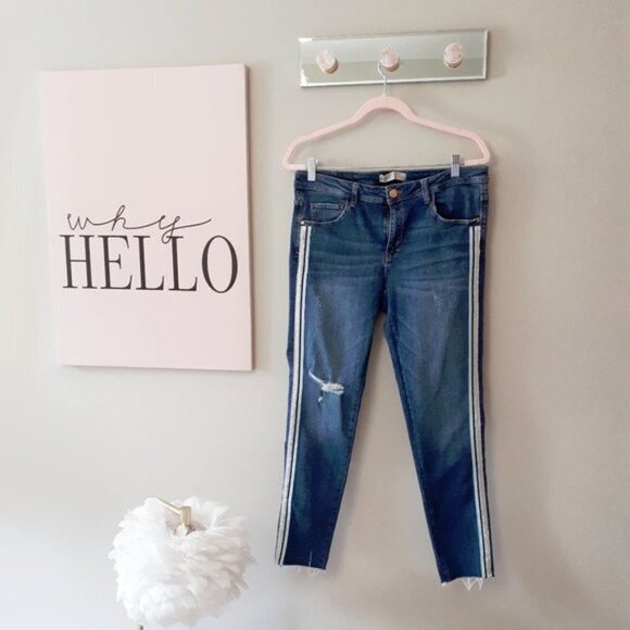 NWOT Zara blue mid-rise skinny denim jeans with sparkly racer stripe detail, 10 - Picture 2 of 7